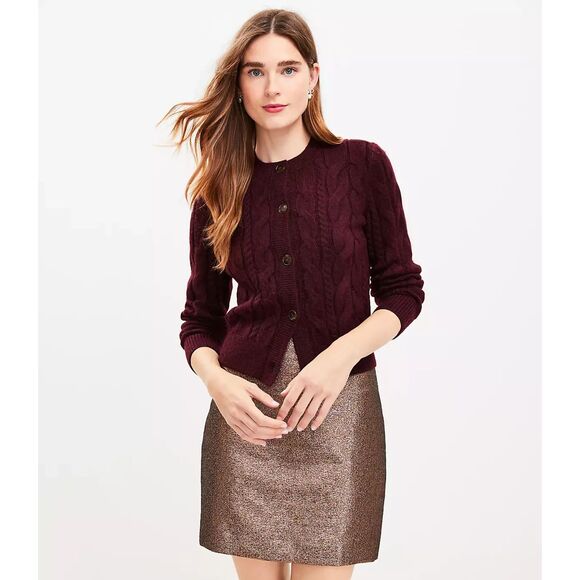 Burgundy Wine LOFT Cable Knit Button Front Round Neck Cardigan Sweater (NWT) - Picture 1 of 1